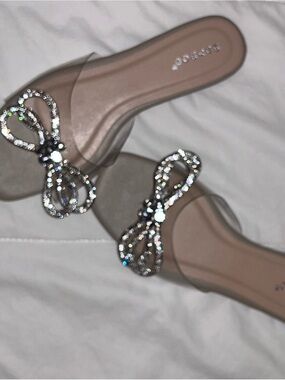 BAMBOO Clear Slide Sandals with Crystal Bow - Nude